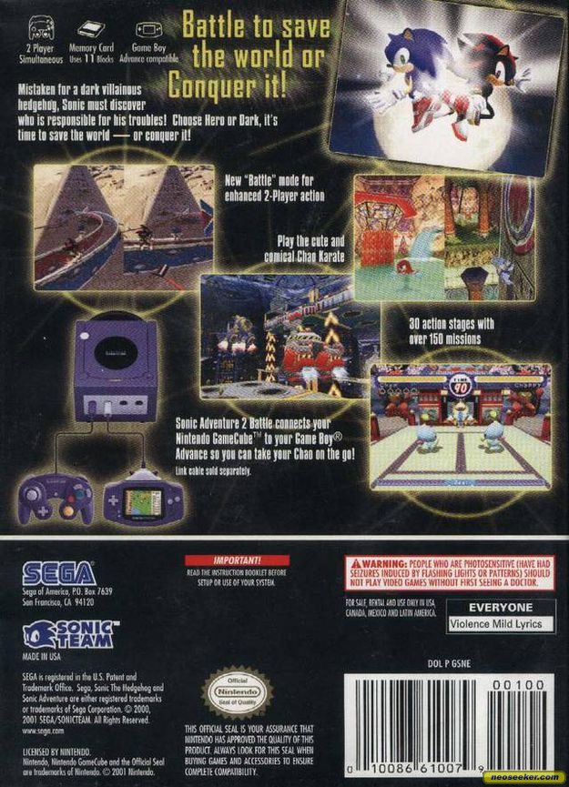 Sonic Adventure 2: Battle GC Back cover Sonic Adventure 2: Battle GC Back cover