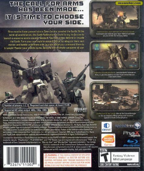 Mobile Suit Gundam Crossfire Ps3 Back Cover