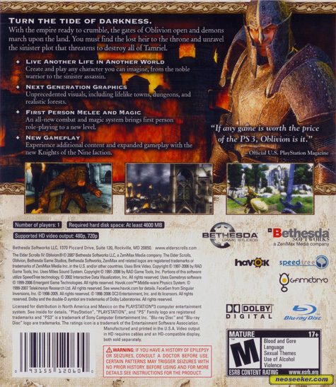 The Elder Scrolls Iv Oblivion Ps3 Back Cover