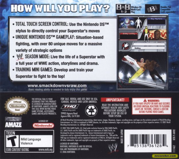 Wwe Smackdown Vs Raw 08 Ds Back Cover