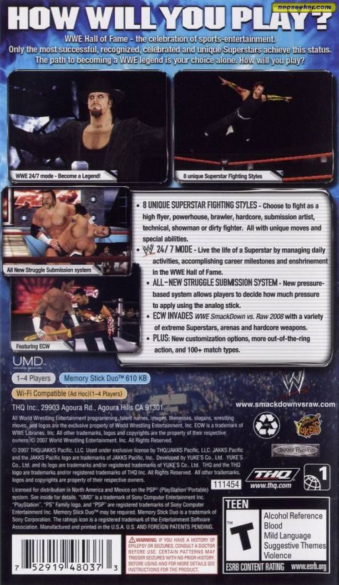 Wwe Smackdown Vs Raw 08 Psp Back Cover