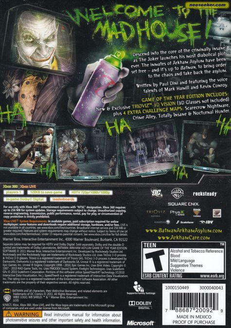 Batman: Arkham Asylum XBOX360 Back cover