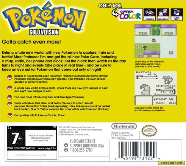 Pokémon Gold GBC Back cover