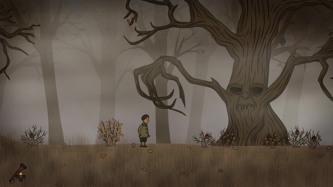 small boy walking in dark woods by a tree with an angry face in the bark