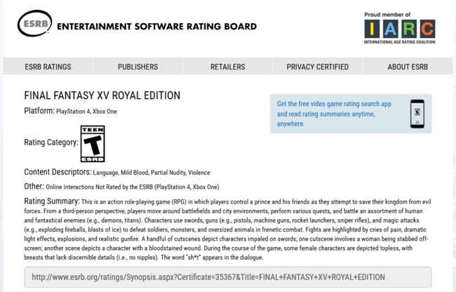 Final Fantasy - ESRB Ratings